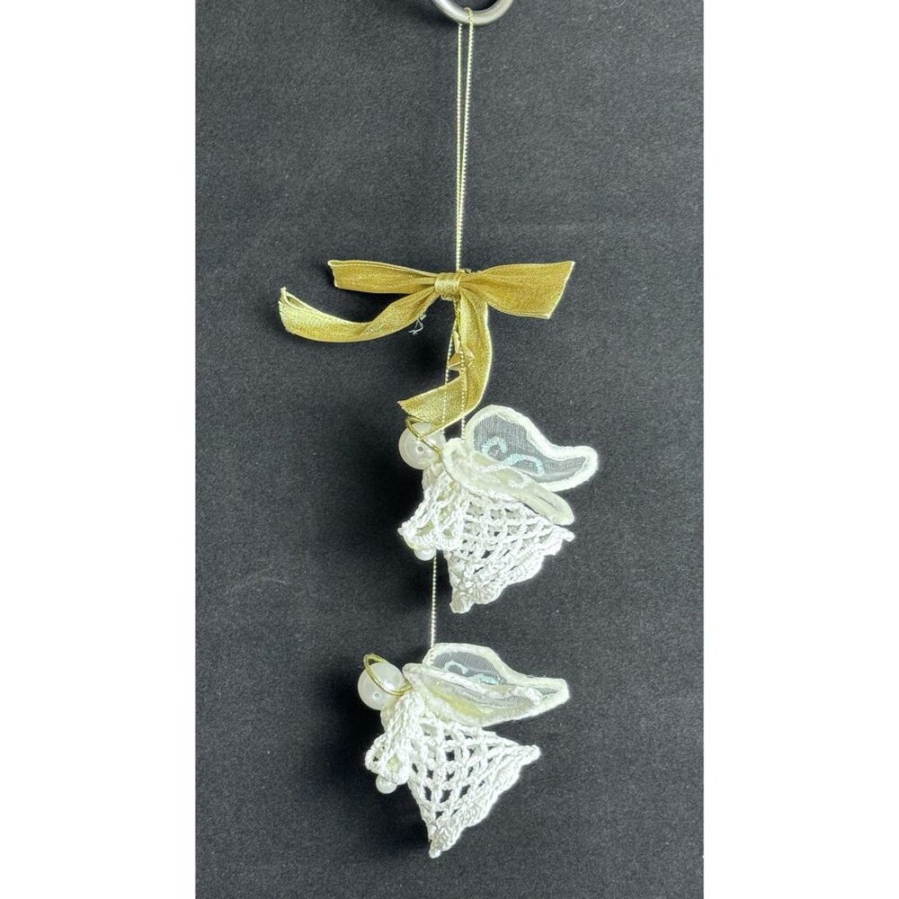 Avon Crocheted Lace Ornament Angels 13 inches White Gold Bow in Box F32908-1 - Picture 7 of 15